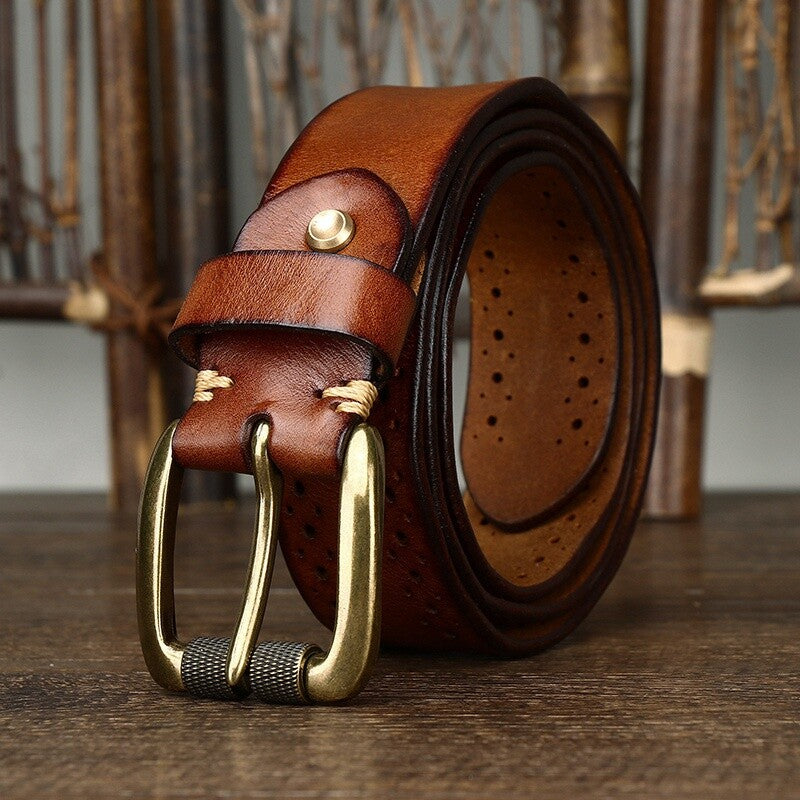 Men's Vintage Hollow Leather Belt Solid Brass Buckle Waistbands for Pants Brown