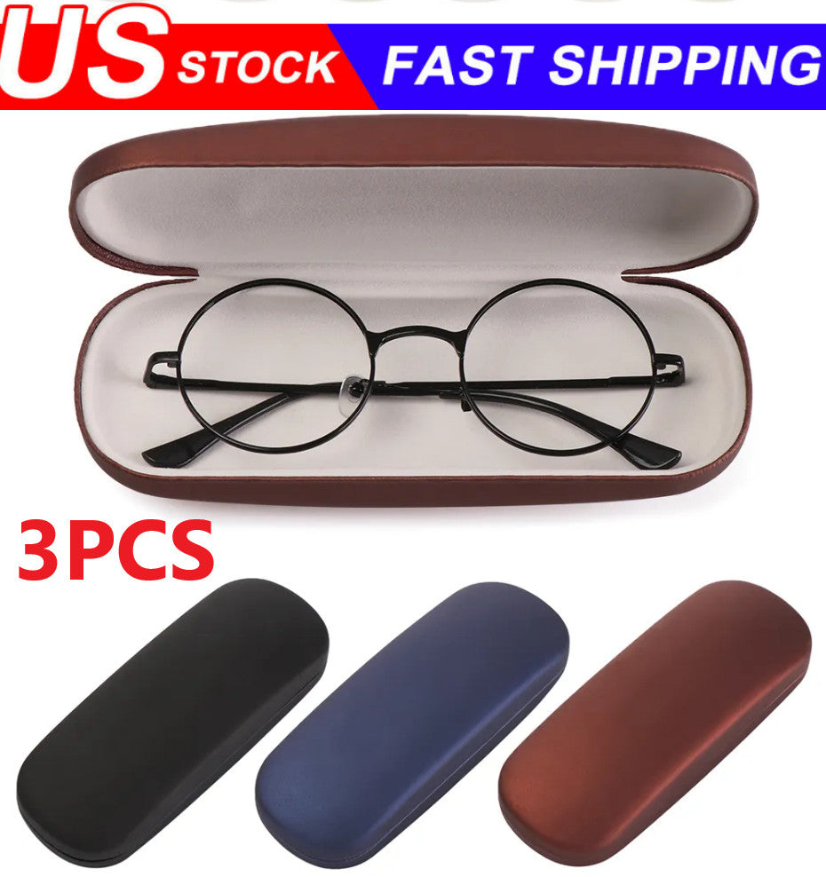 NEW Clam Shell Hard Eyeglasses PU Glasses Case Black w/Microfiber Cleaning Cloth
