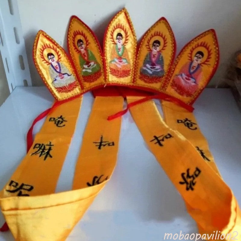 Five Buddha Crown, High-Quality Ribbon, Dharma Hat Buddha Hat, Buddhist Products
