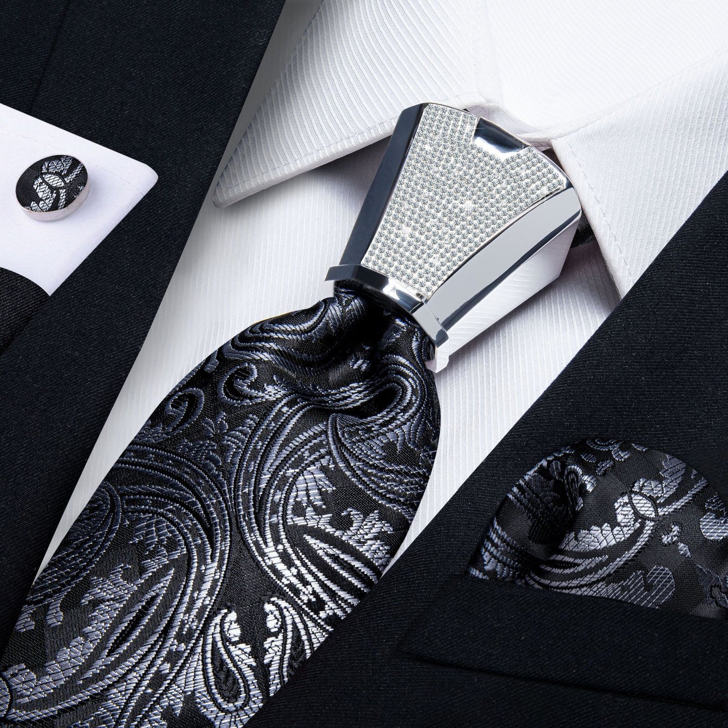 Men Necktie 3Pcs Luxury Striped Ties Cufflinks Pocket Square Wedding Accessories