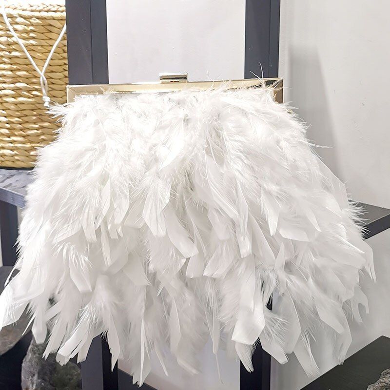 Elegant Purse Feather Handbag Clutch White Pearl Chain Shoulder Bag 20*15*18 CM