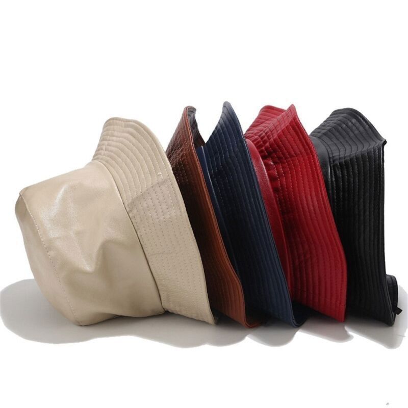 Men Outdoor Waterproof Hiking PU Bucket Hat Fisherman Cap Leather Sun Caps