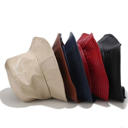 Men Outdoor Waterproof Hiking PU Bucket Hat Fisherman Cap Leather Sun Caps