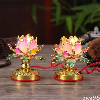 Pair 12cm Hall Worship Buddha Lotus Lamp Colorful Temple Shrine Lights New