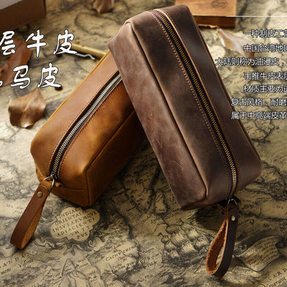 Handmade Cowhide Leather Pen Pouch Zipper Pencil Case Stationery Storage Pen Bag