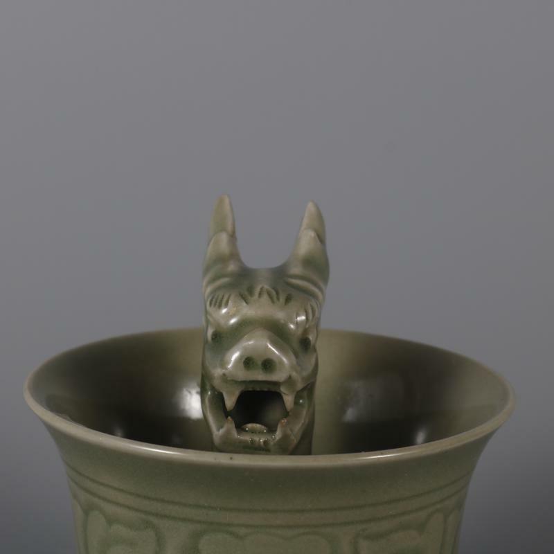 3.26 inch Chinese Song Celadon Porcelain Carved Flowers Dragon Shape Teacup Cup