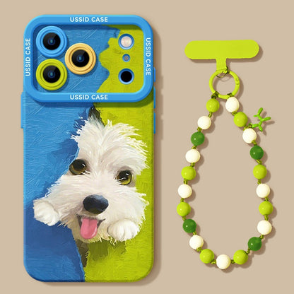 Cute Green Puppy Cartoon Phone Case with Lanyard for iPhone 17 Pro Max /16/15/14