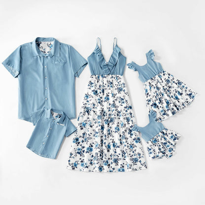 Tank Dresses Summer Spring Mosaic Cotton Matching Floral Sets Flounce Denim Tops