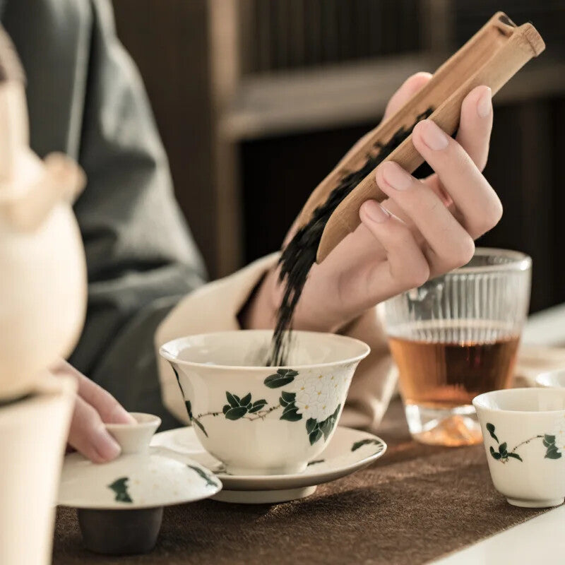 Ceramic Handmade Tureen Kung Fu Tea Set Bowl Cup Chrysanthemum Pattern Gaiwan