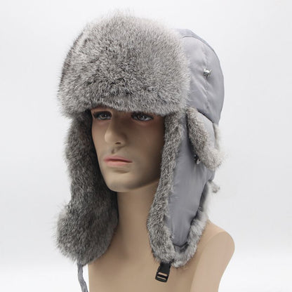 Men Bomber Hats Natural Real Rabbit Fur Outdoor Windproof Super Warm Cap 55-62cm