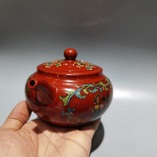 vintage China yixing purple clay teapot zisha ceremony enamel figure teaware art