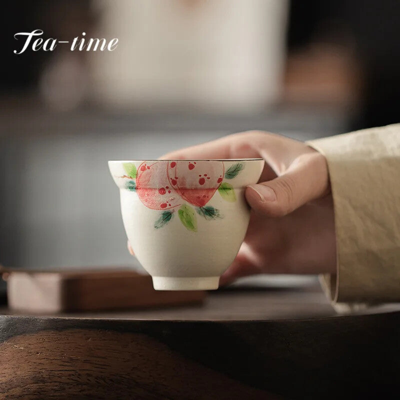 150ml on-glazed Ceramic Teacups Pure Hand Painted Pink Peach Stoneware Tea Cup