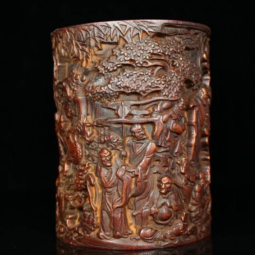 Vintage Chinese Wood Brush Pot Old Bamboo Carved Buddha Arhat Pen Holder