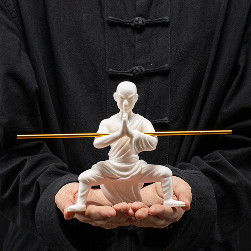 Porcelain Monk Statue Chinese Kungfu Posture Shaolin Monk Boy With Bar Tea Pet