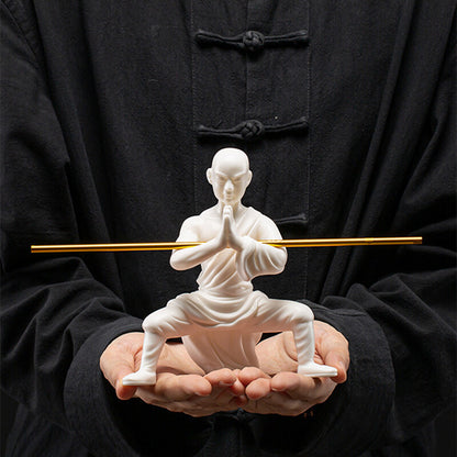 Porcelain Monk Statue Chinese Kungfu Posture Shaolin Monk Boy With Bar Tea Pet