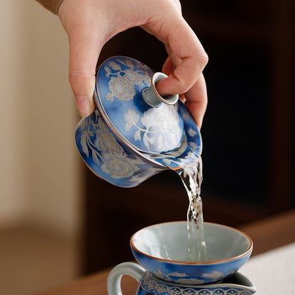 Chinese Jingdezhen Silver Blue White Peony Gaiwan 150ml Kung Fu Tea Bowl
