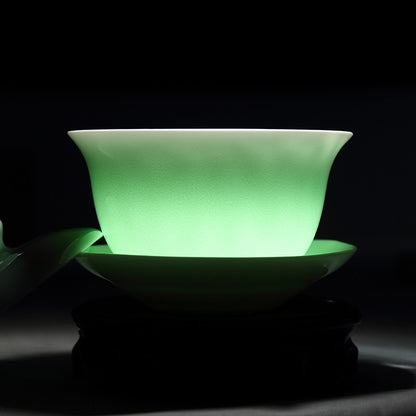 Longquan Porcelain Gaiwan Chinese Green Solid Color Tureen Handpainted Floral