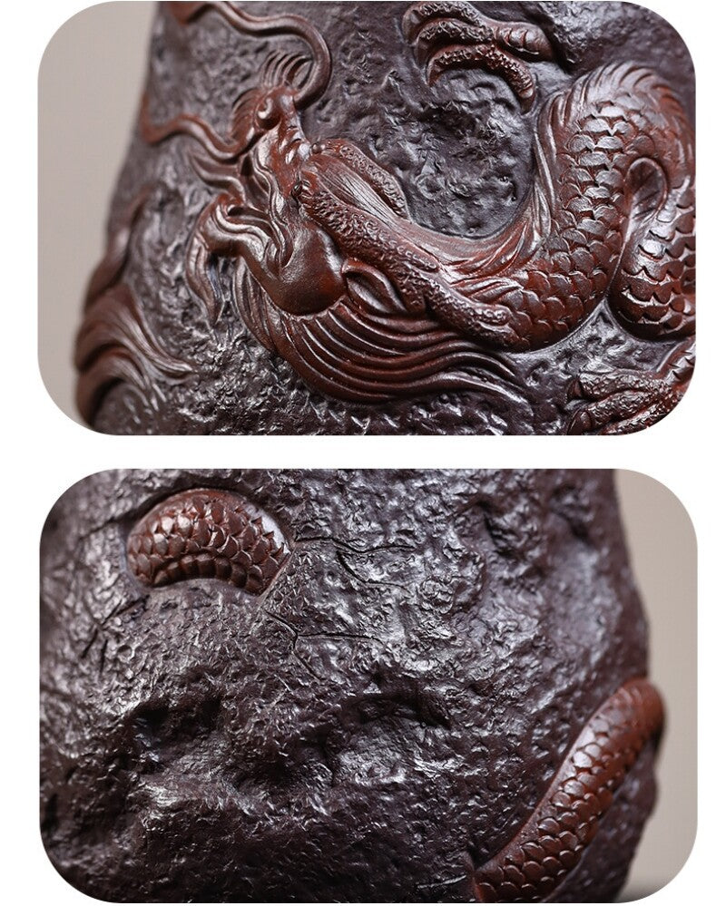 Full Handmade Tea Cup With Handle Lid Dragon Carved Office Cup True Yixing Zisha