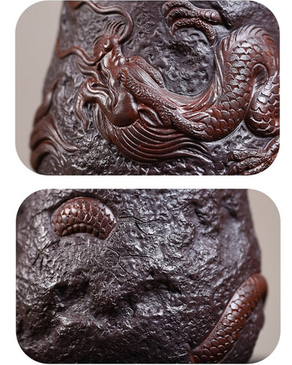 Full Handmade Tea Cup With Handle Lid Dragon Carved Office Cup True Yixing Zisha