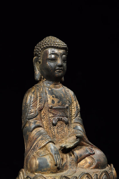 10" Old Antique Tibet Tibetan Buddhism Temple Bronze Gilt Amitabha Buddha Statue