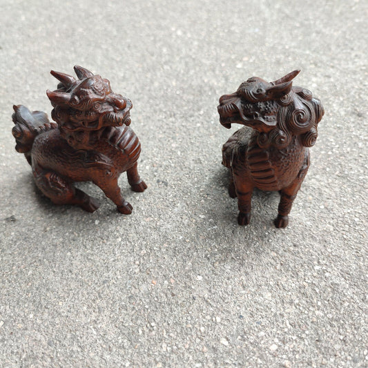 A pair Chinese carved Wooden Dragon Statue unicorn Wood home decor Sculpture art