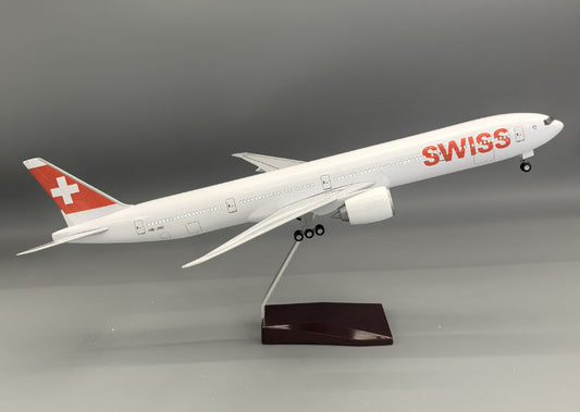 47CM 1:157 SWISS BOEING 777-300ER Plane Led Sound-controlled Light Resin Model