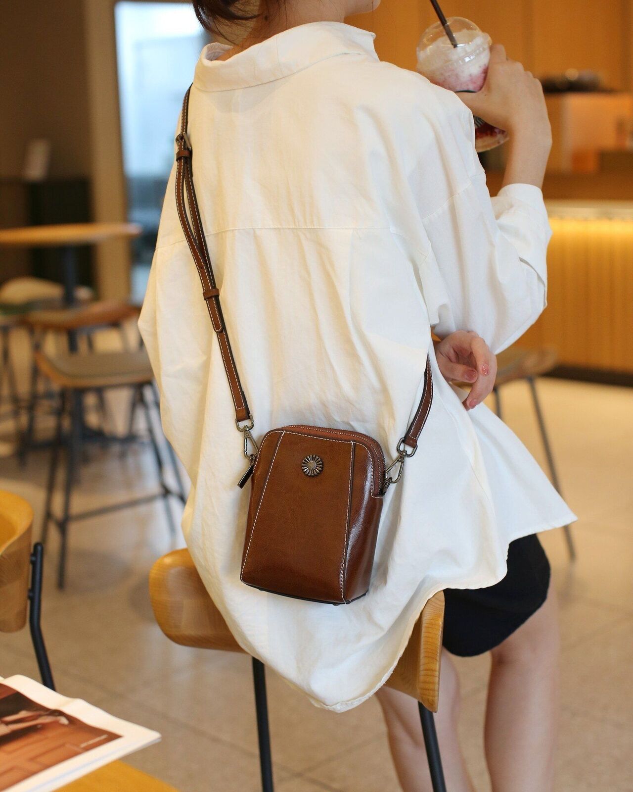 Split Leather Phone Bag Single Shoulder Messenger Cowhide Crossbody 16*18*9 CM