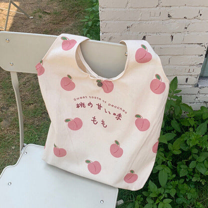 Peach Print Canvas Bag Tote Bag Large Capacity Shoulder Bag School Shopping Bag