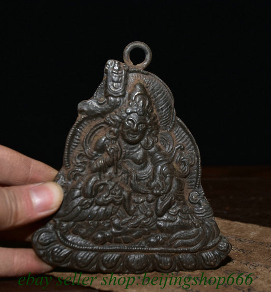 4.6" Old Tibet Bronze Temple Vaishravana On Lion Protector Deity Pendant Amulet