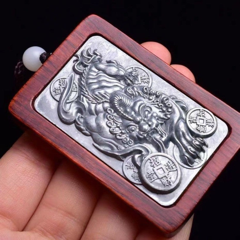 Indonesian Rosewood Inlaid Pixiu Pendant 2.36*1.57in Amulet