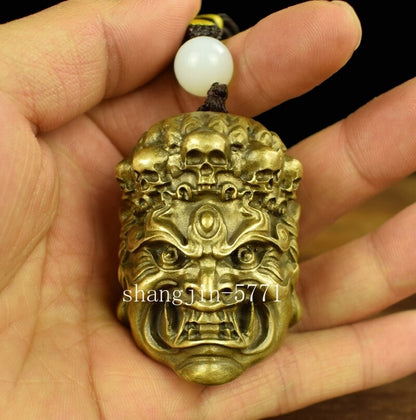 Solid Brass Carved Vidyaraja Figurines Skull Statue Pendant Buddhism Collection
