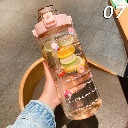 2L Sports Stickers Water Bottle Large Capacity Straw Gradient Fitness Water Cup