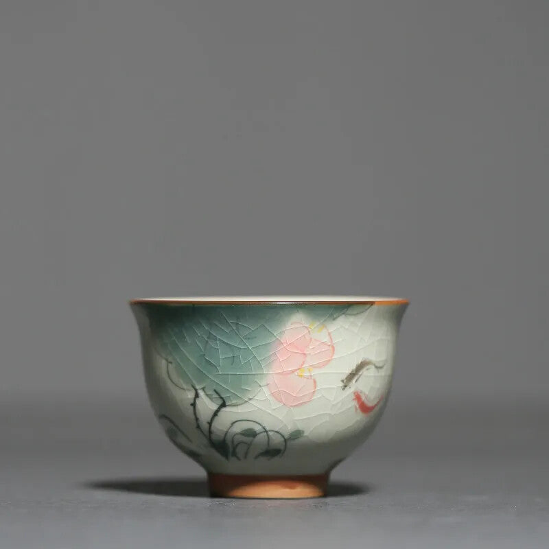 1Pc Chinese Tradition Handmade Ice-cracking Glaze Lotus Pattern Tea Bowl Teacup