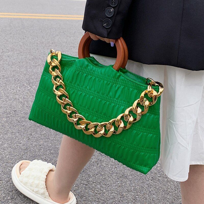 Thick Chain Shell Bag Synthetic Leather Crossbody Purse Wooden Handle 17*33*8 CM