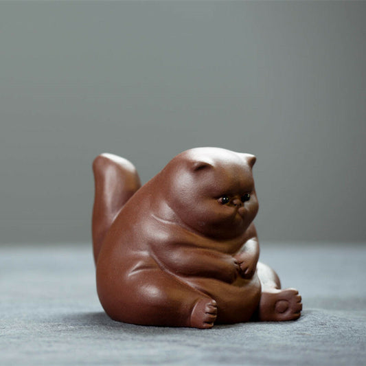 Chinese Yixing Zisha Pottery Purple Clay Animal Small Fat Cat Tea Pet Statue