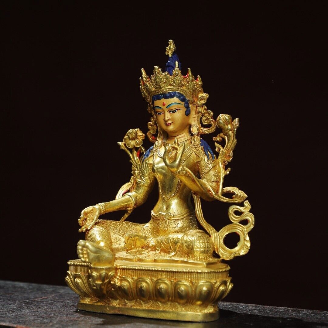 8"China Tibet Tibetan Buddhism temple Bronze gilt Green Tara Bodhisattva statue