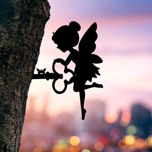Home With This Cute Elf On Branch Steel Silhouette Metal Wall Art Statue Stake!