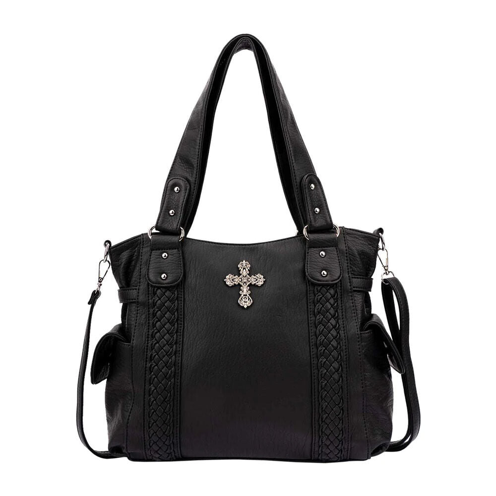 Black Concealed Carry Women Shoulder PU Leather Tote Crossbody Handbag Purse Bag