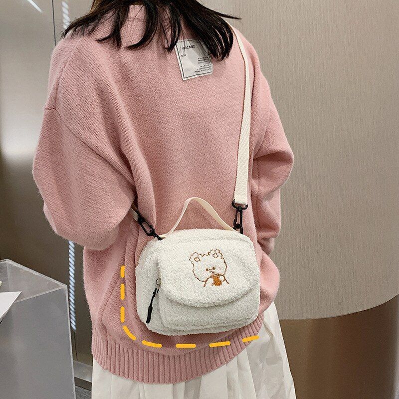 Cute Plush Shoulder Bag Cartoon Small Handbag Messenger Bag Polyester Flap 1 PC