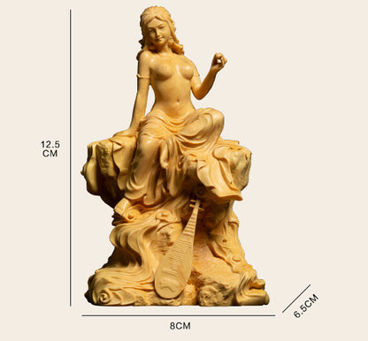 5" Chinese Boxwood Wood Hand-carved Girl Lady Women Pipa Boddhisattva Statue