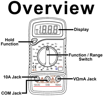 Digital Multimeter 3½ Digit 1999 Counts LCD, AC/DC to 600V, Current to 10A