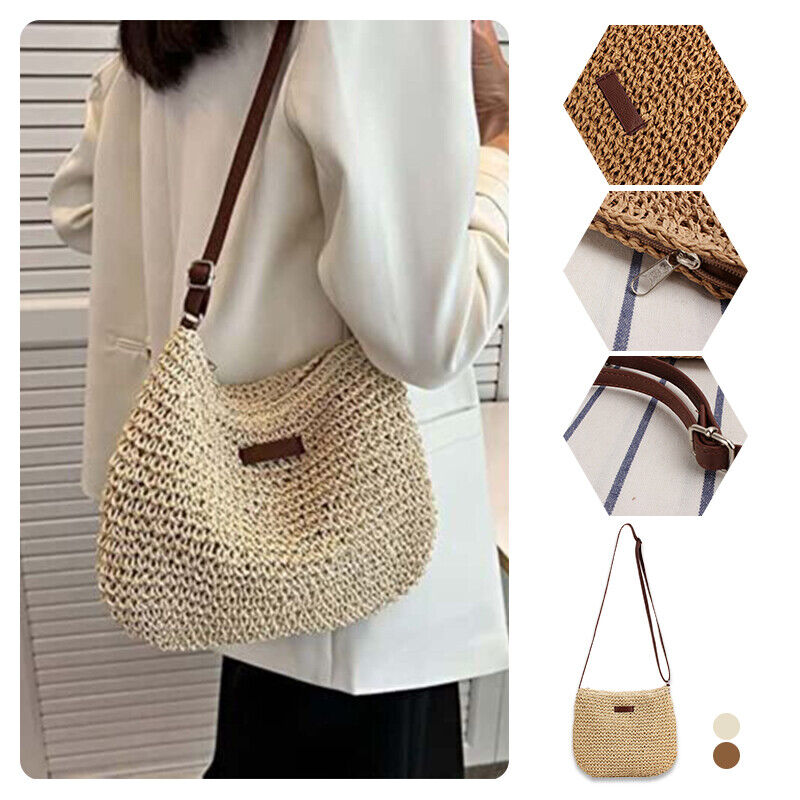 Summer Straw Crossbody Bag Women Beach Holiday Casual Woven Shoulder Handbag