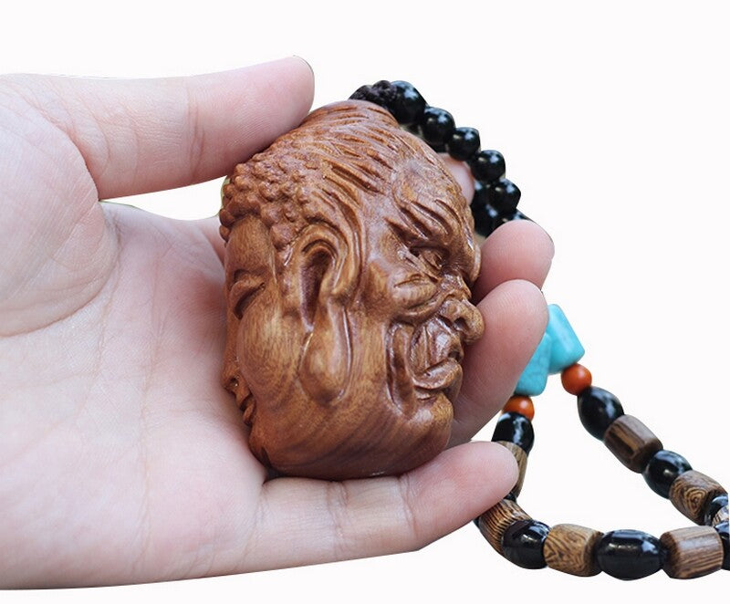Chinese Hua Li Wood Carved Good And Evil Pendant Buddha Head Statue Decor