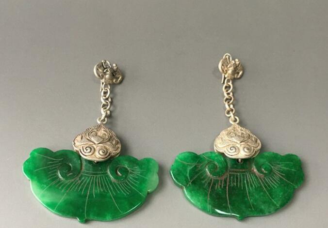 Chinese Antique Silver Inlaid Jade Earrings Chinese Jade Earrings Jewels
