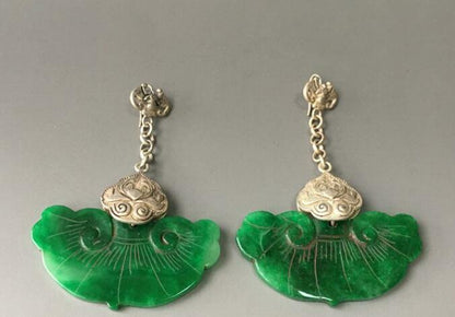 Chinese Antique Silver Inlaid Jade Earrings Chinese Jade Earrings Jewels