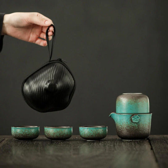 Green Ceramic Teapot with 4 Cups Portable Travel Tea Set with Case