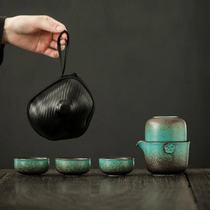 Green Ceramic Teapot with 4 Cups Portable Travel Tea Set with Case