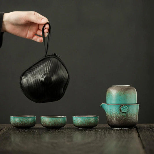 Green Ceramic Teapot with 4 Cups Portable Travel Tea Set with Case