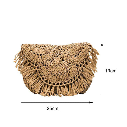 Straw Bag Woven Tassel Beach Shoulder Rattan Crossbody Purse Travel 23*17*11 CM