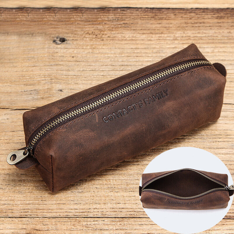 Handmade Cowhide Leather Pen Pouch Zipper Pencil Case Stationery Storage Pen Bag